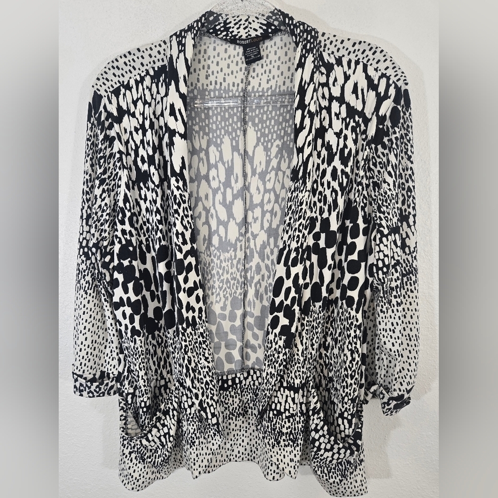 Robert Louis Black/White Abstract Travel Knit Open-Front Cardigan Artsy, XL